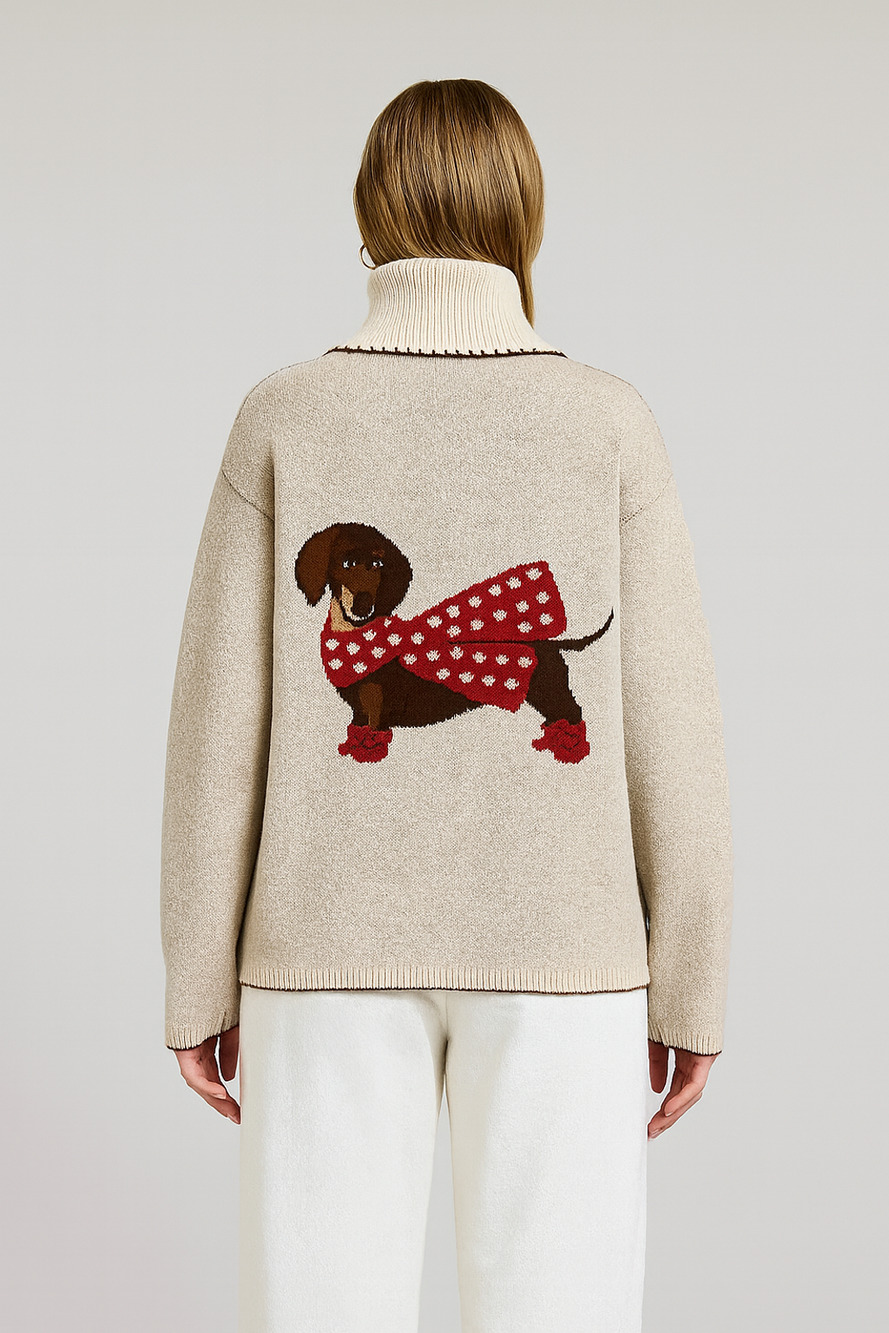 Flat White Dachshun Sweater Cardigan with Whipstitch